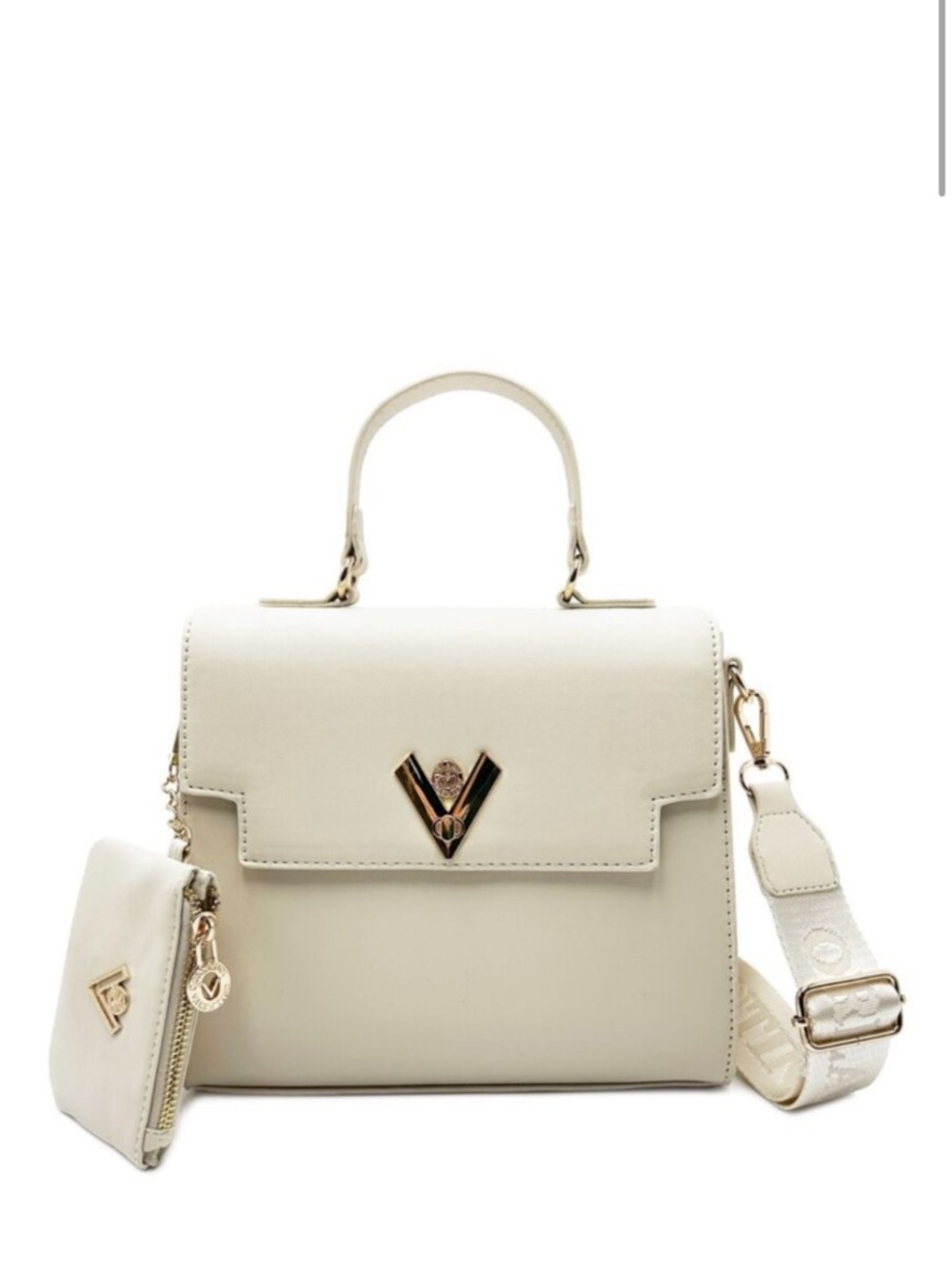 Valentino Orlandi Ivory/cream Top Handle Crossbody Bag with Gold V Accent